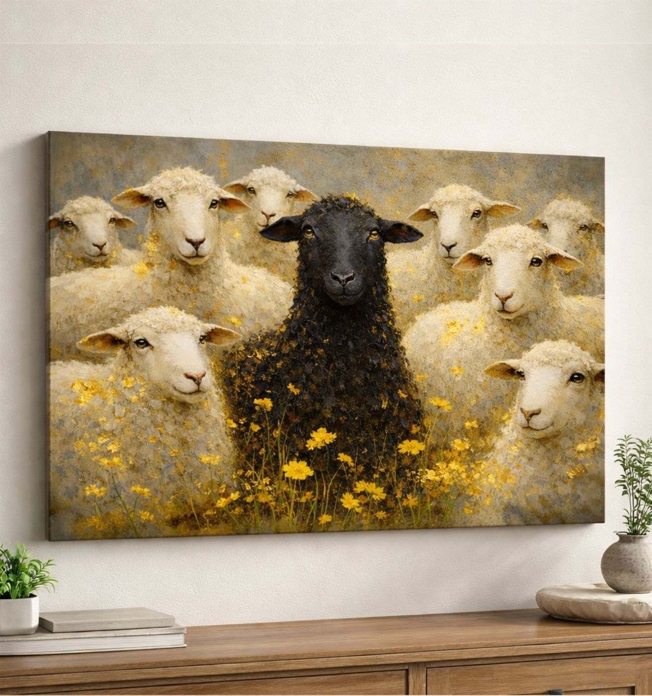 Black Sheep Among White Flock Modern Artwork Wall Painting For Living Room, Bedroom, Office  – Modern Art Canvas Painting | KunjCart