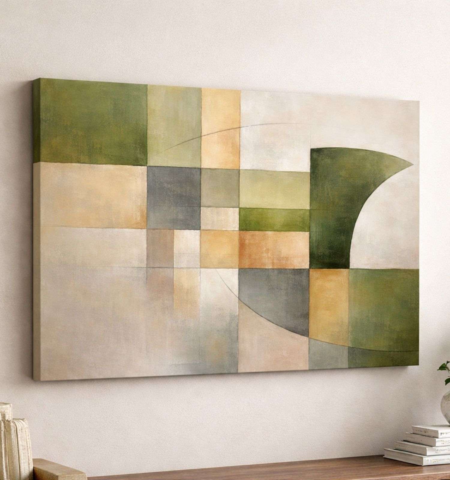Abstract Painting Landscape Abstract Wall Painting Green Beige Geometric Canvas Art Modern Abstract Painting For Living Room – KunjCart