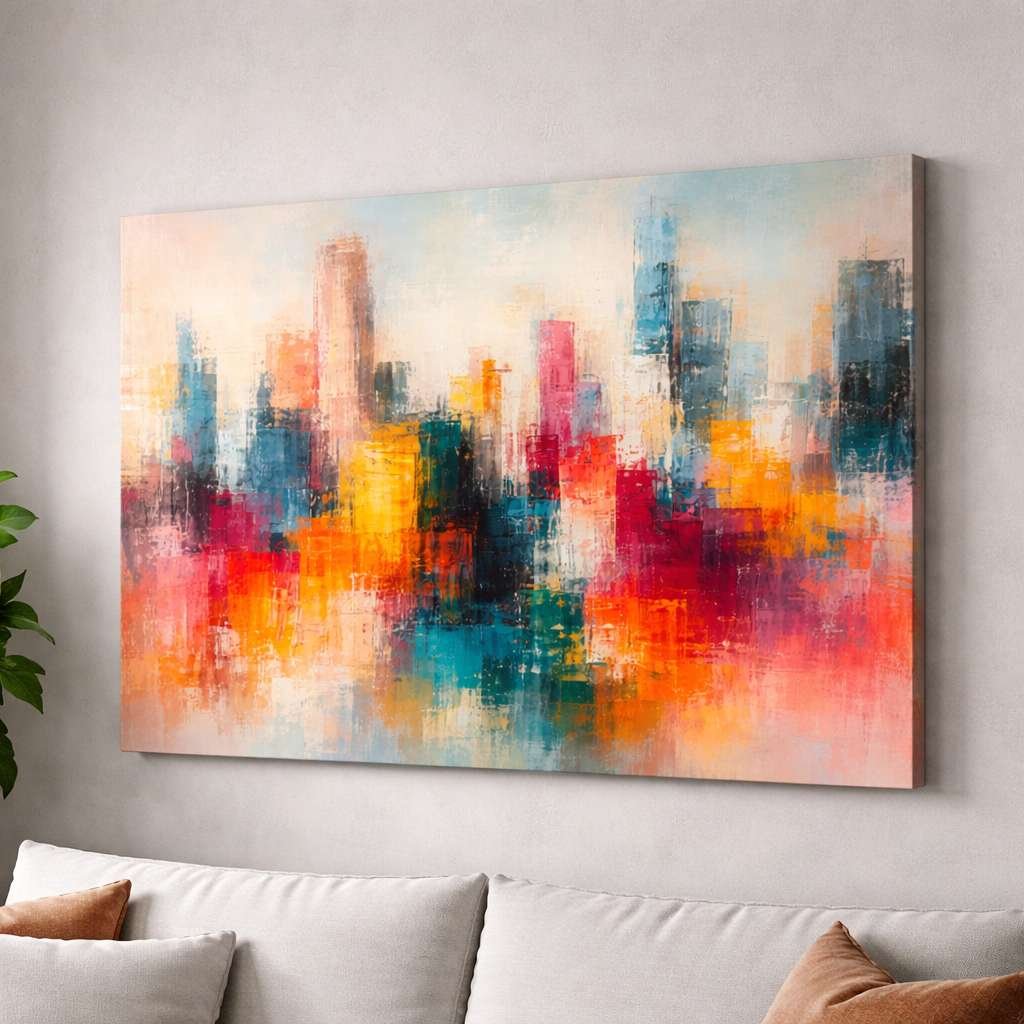 Colourful Abstract Canvas Painting Colorful City Skyline Wall Art Modern Abstract Painting For Living Room Bedroom – KunjCart