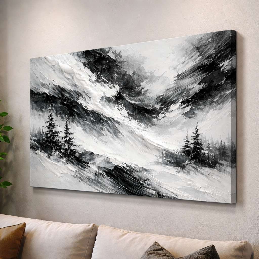 Abstract Painting Landscape Abstract Wall Painting Black White Mountain Forest Canvas Art Modern Abstract Painting For Living Room – KunjCart