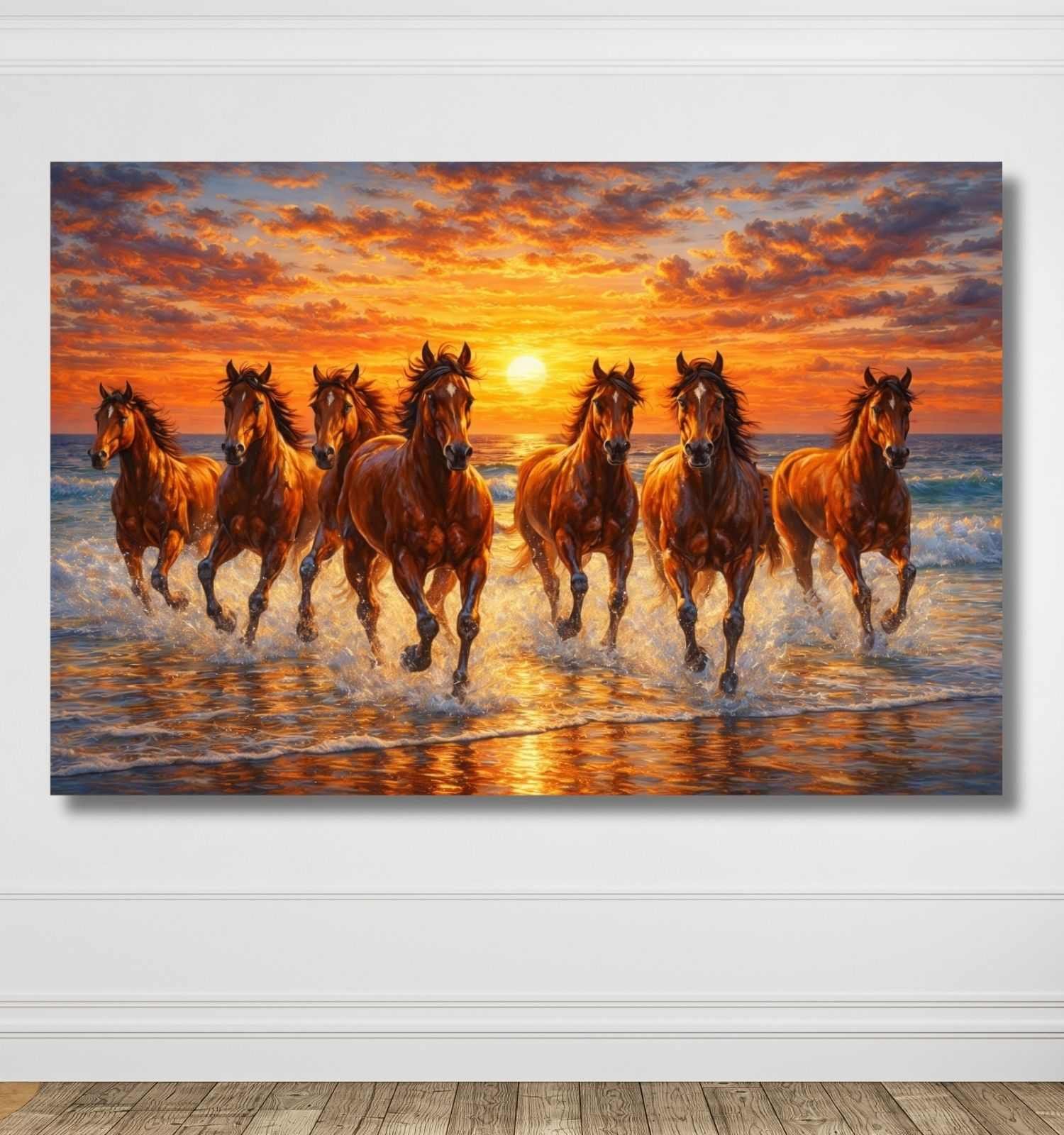 KunjCart Brown Running Horse Painting – Sunset Beach 7 Running Horses Painting with Golden Sky & Ocean Waves, 7 Horses Vastu Painting Canvas Wall Art