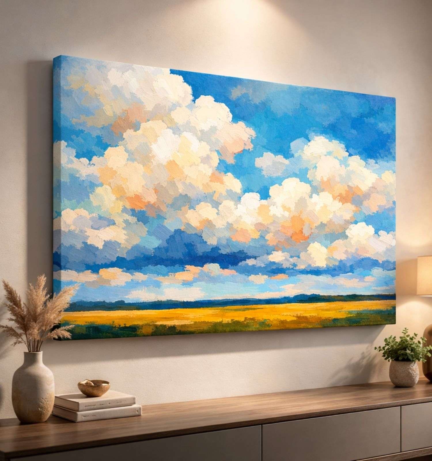 Blue Sky Clouds Abstract Painting | Landscape Abstract Wall Painting for Living Room & Bedroom | Abstract Canvas Painting Wall Art by KunjCart