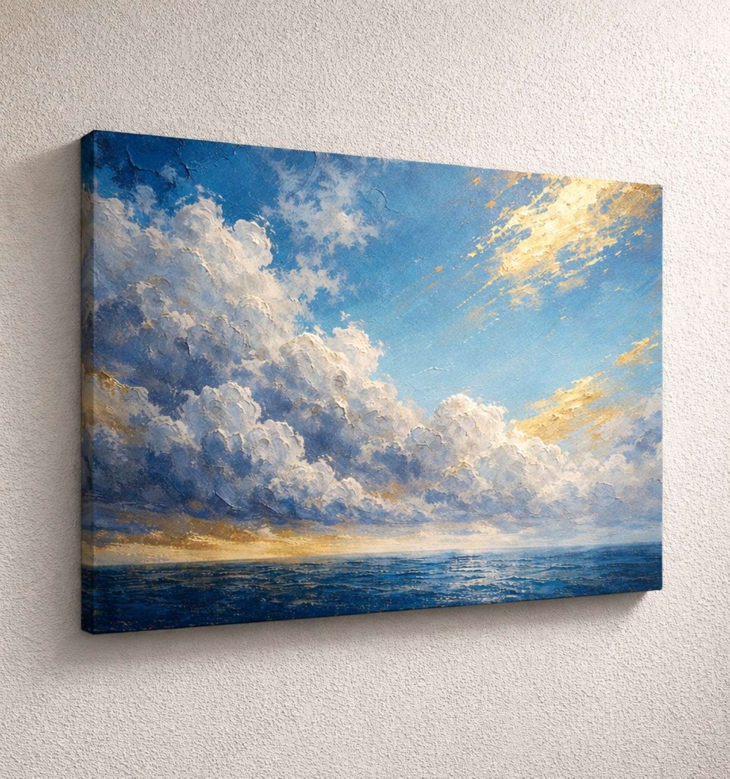Ocean Sky Abstract Painting with Golden Clouds | Landscape Abstract Wall Painting | Blue Sea Abstract Canvas Painting by KunjCart