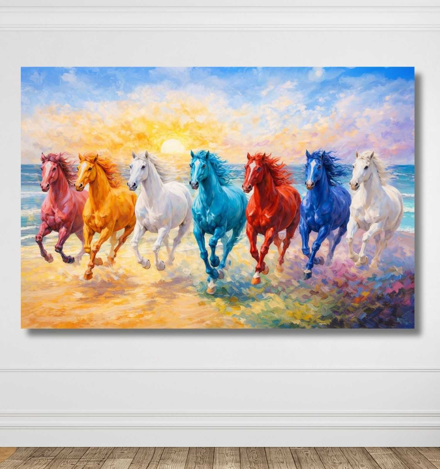 KunjCart Running Horse Painting – Colorful 7 Running Horses Painting with Sunset Beach Scene, Bright Multicolor Horses, 7 Horses Vastu Painting Canvas Art