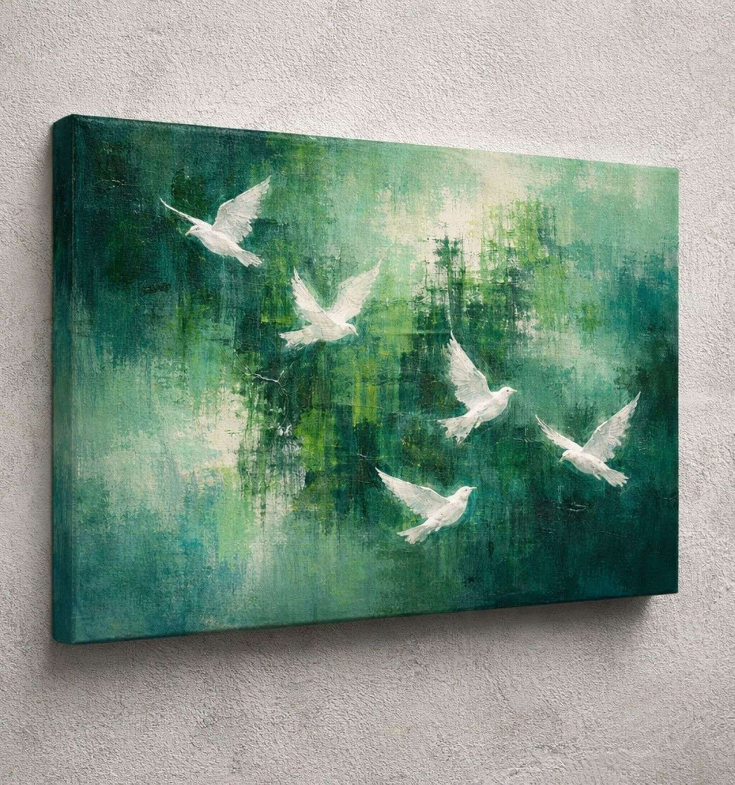 Flying Dove Abstract Painting Green Nature Art | Landscape Abstract Wall Painting | Peaceful Bird Abstract Canvas Painting by KunjCart