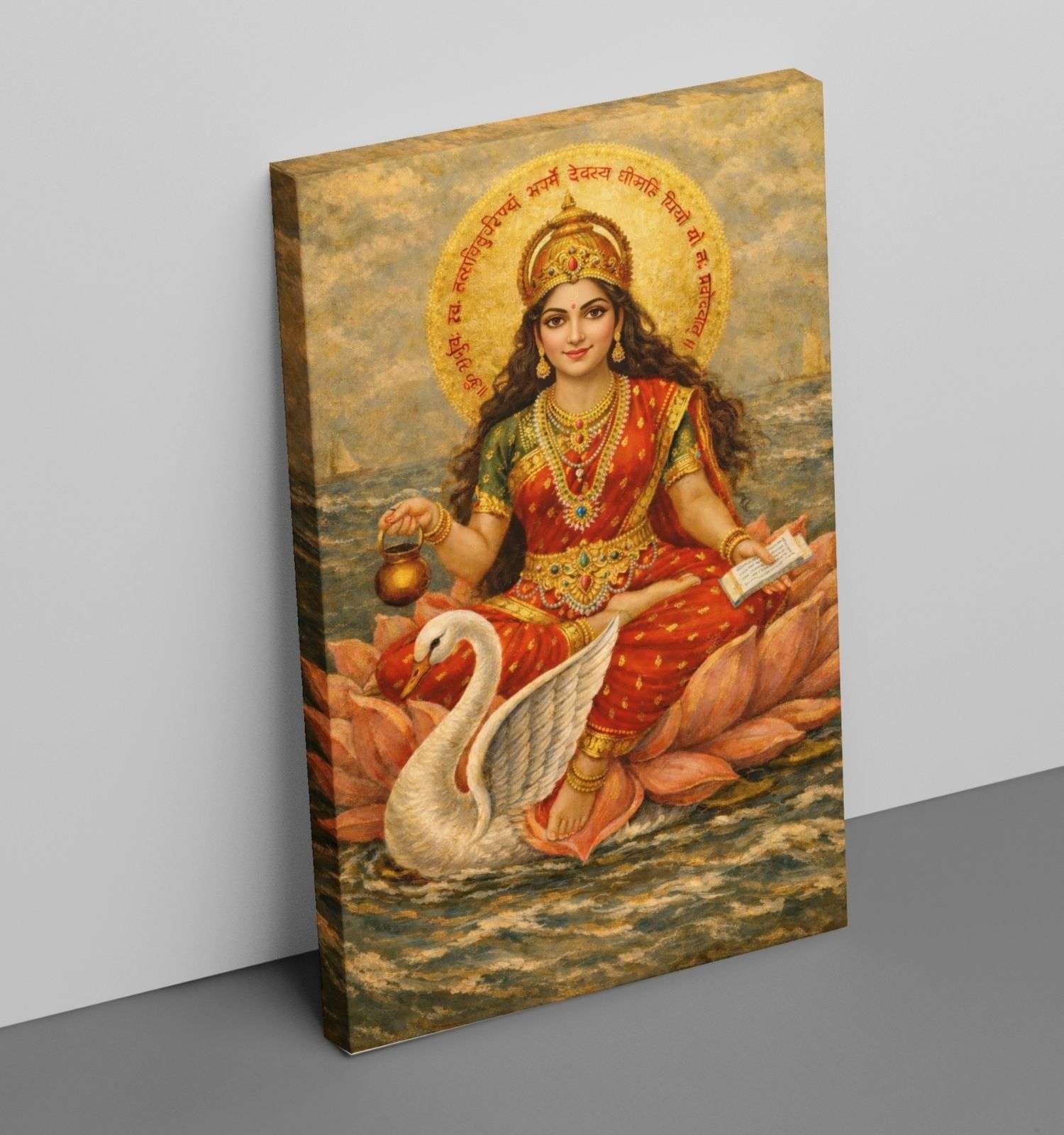 Gayatri Mata Painting - Gayatri Mata Canvas Painting – Golden Red Divine Goddess Gayatri Mata Painting with Swan & Lotus | KunjCart