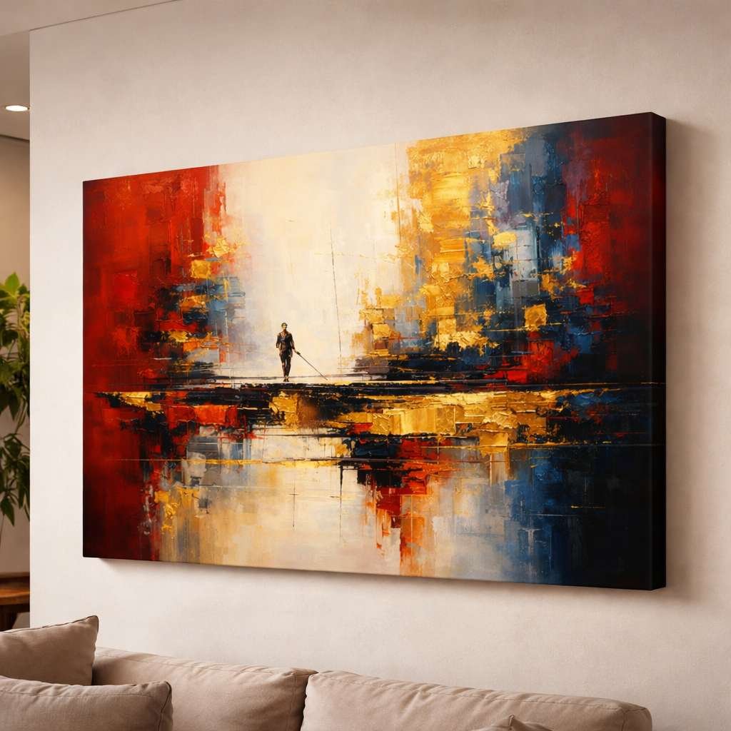 KunjCart Abstract Painting Walking Man Artwork | Modern Abstract Painting For Living Room | Abstract Canvas Painting Red Blue Wall Decor