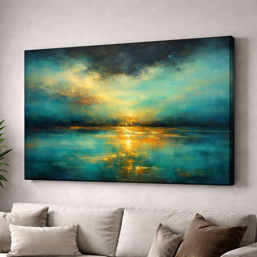 KunjCart Abstract Painting Ocean Sunset Reflection Art | Landscape Abstract Wall Painting | Modern Abstract Painting For Living Room