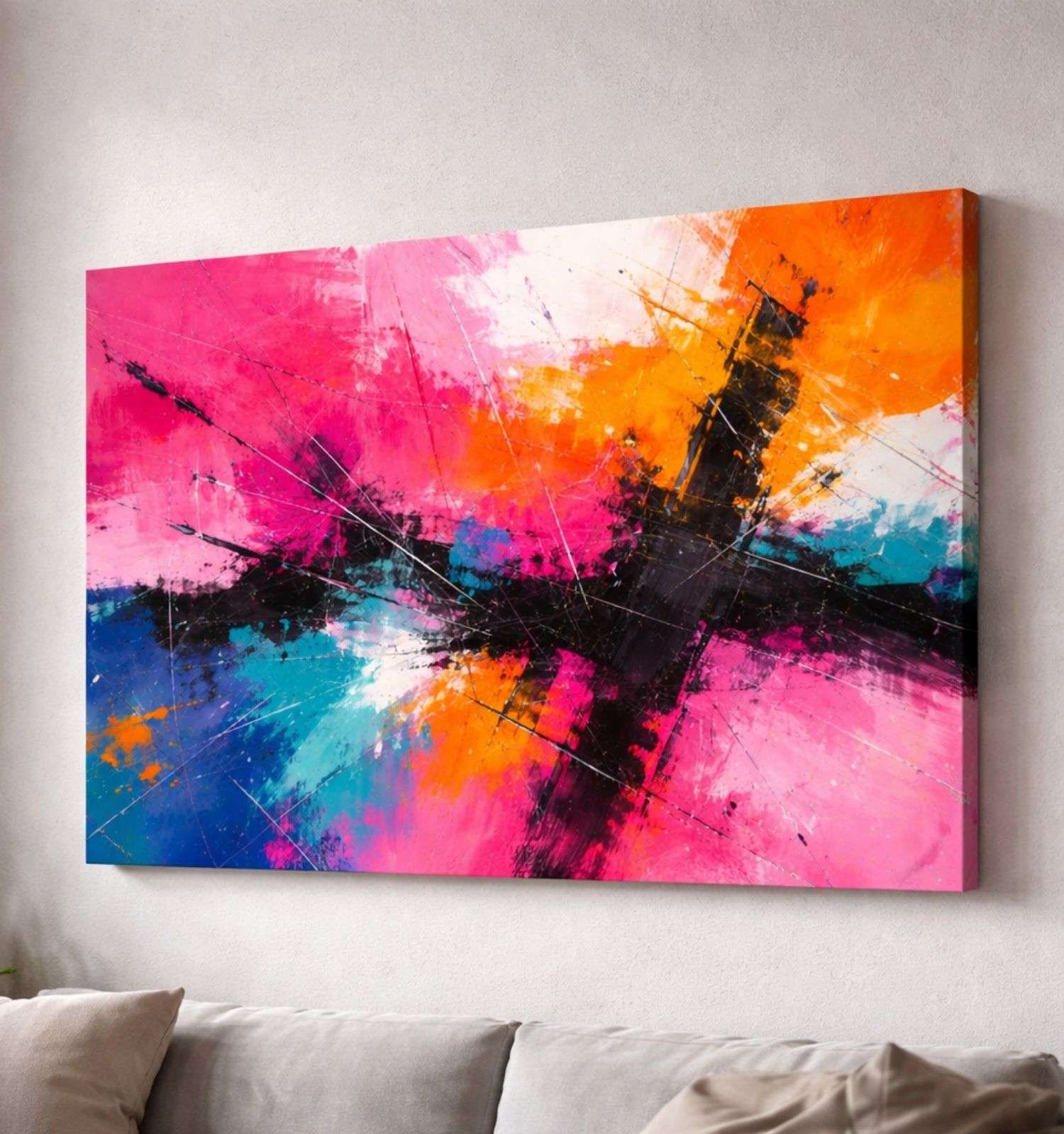 Colorful Splash Abstract Painting | Abstract Canvas Painting for Modern Living Room & Bedroom | Vibrant Pink Orange Wall Art by KunjCart