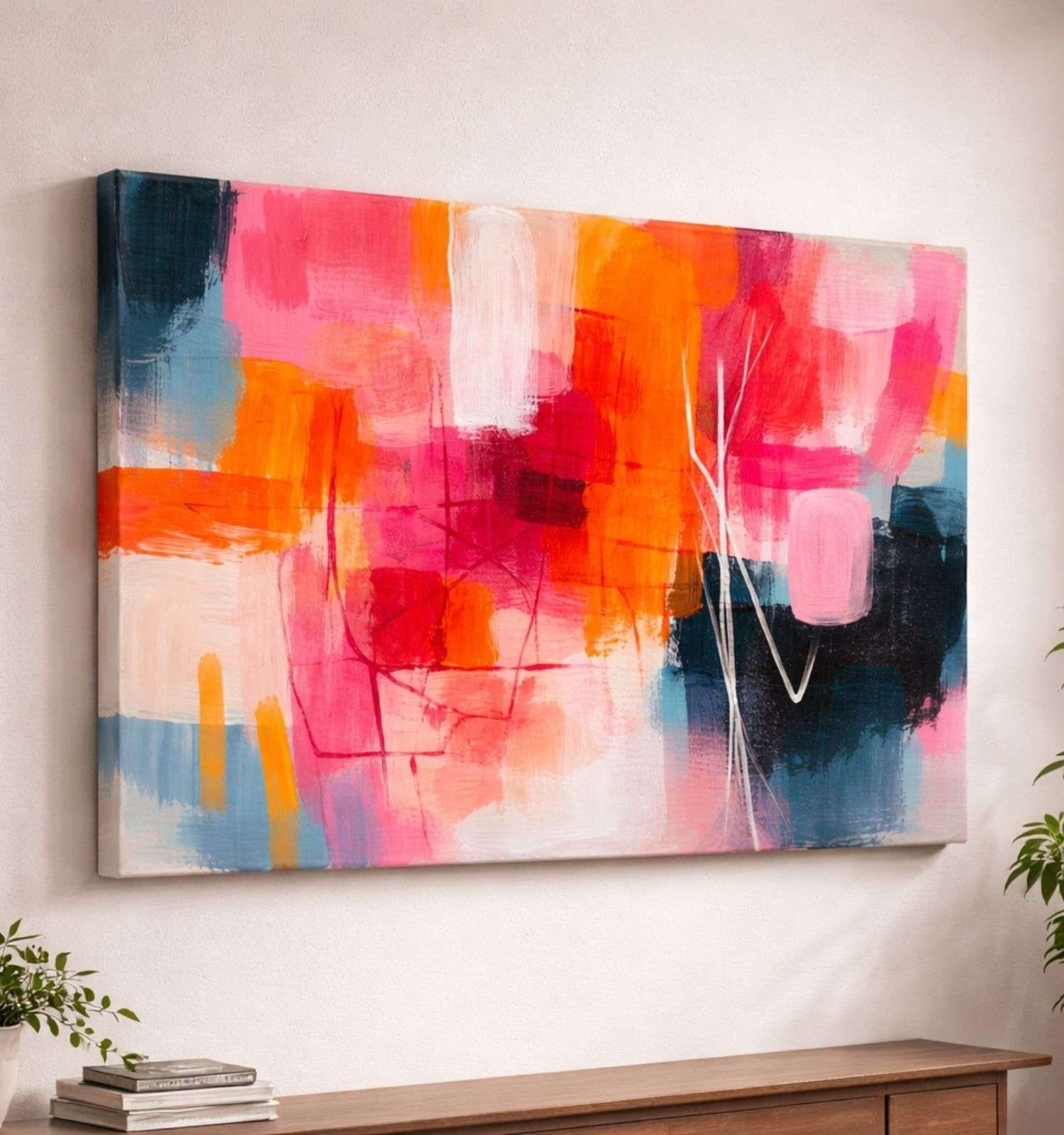 Colorful Texture Abstract Painting | Modern Abstract Painting For Living Room | Pink Orange Abstract Canvas Painting Wall Art by KunjCart