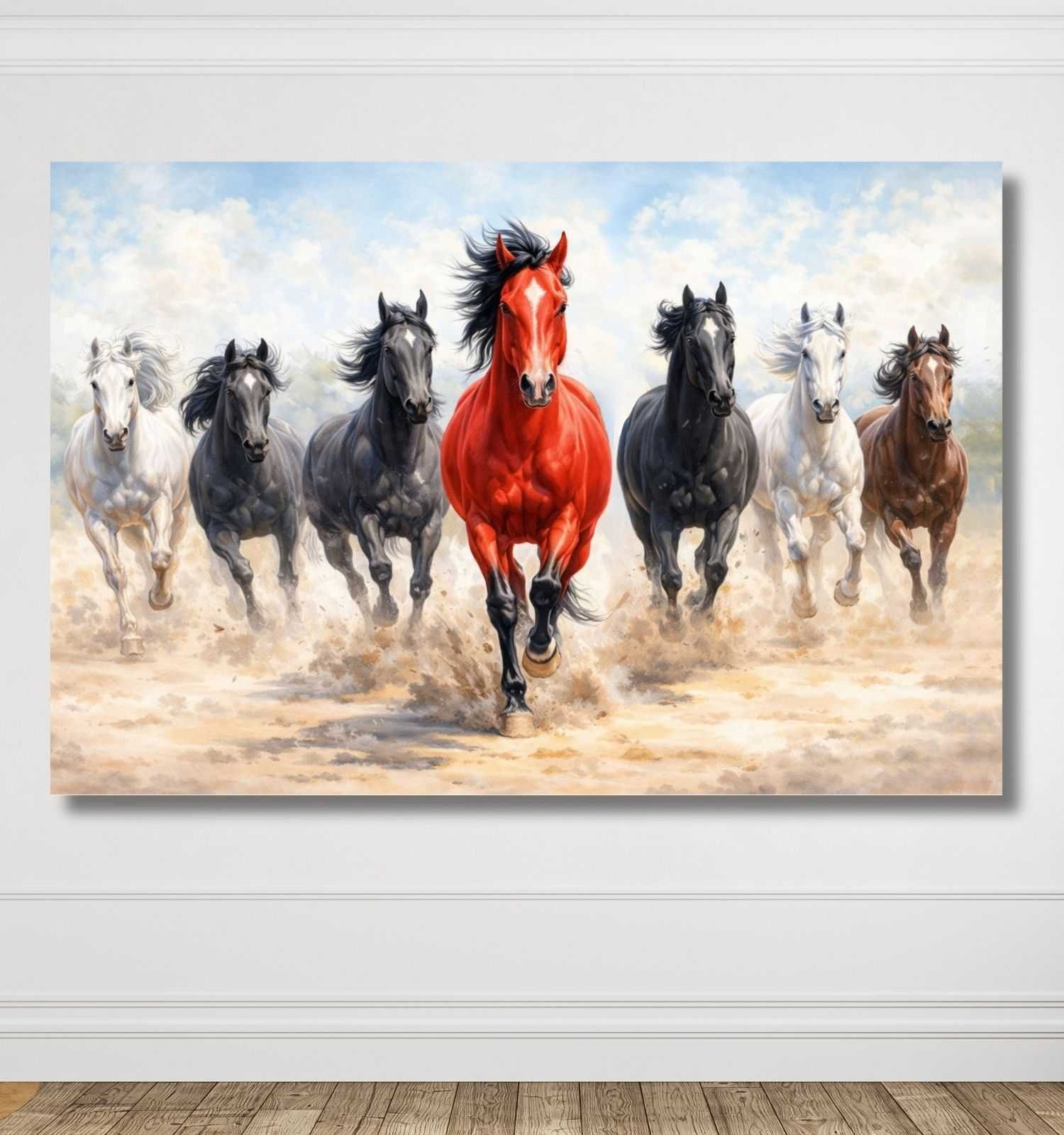 KunjCart running horse painting – 7 Running Horses Painting with Red Leader Horse, Dusty Desert Scene, 7 Horses Vastu Painting Canvas Wall Art