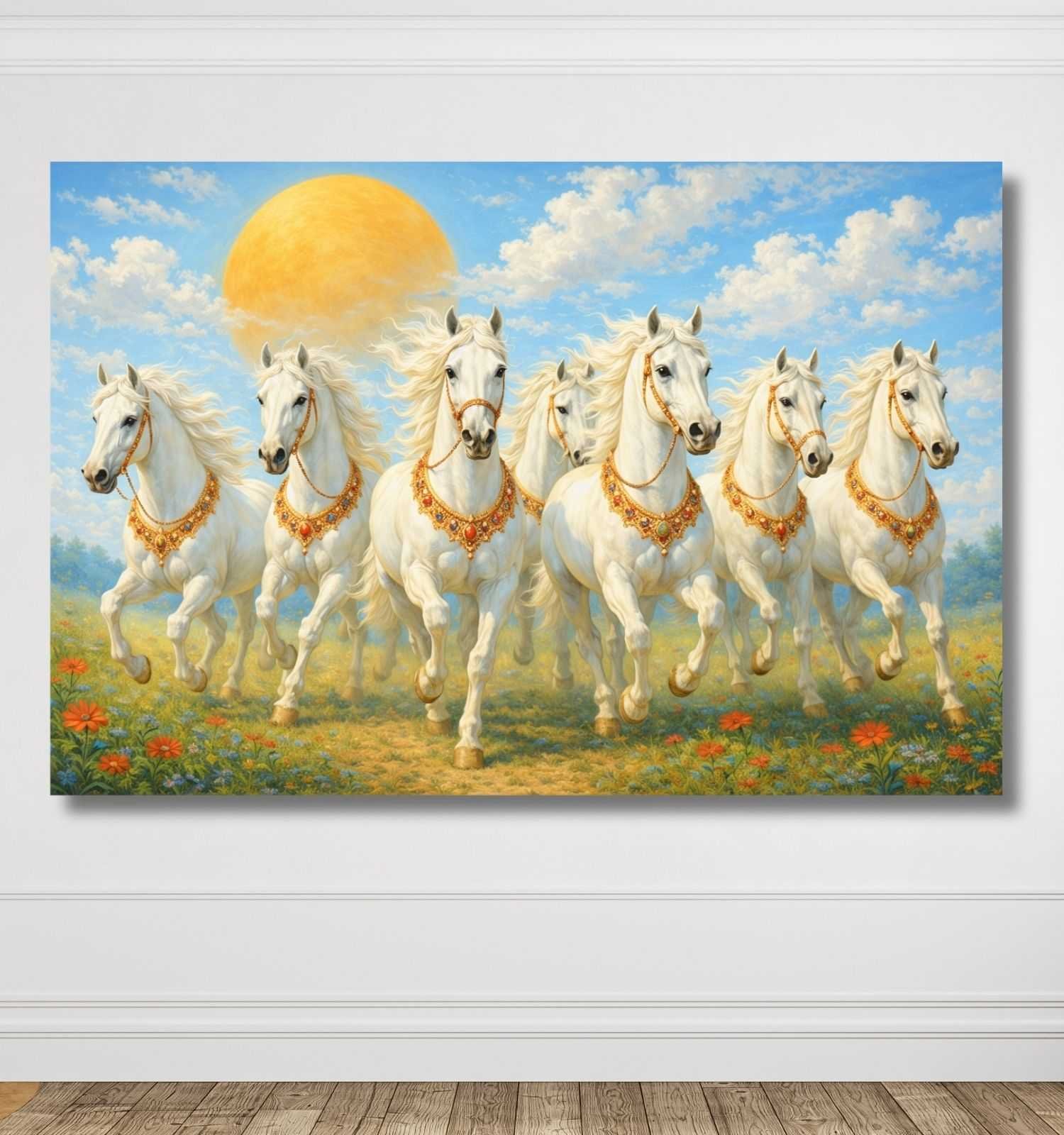 KunjCart running horse painting – Royal White 7 Running Horses Painting with Golden Ornaments & Shining Sun, 7 Horses Vastu Painting Canvas Wall Art