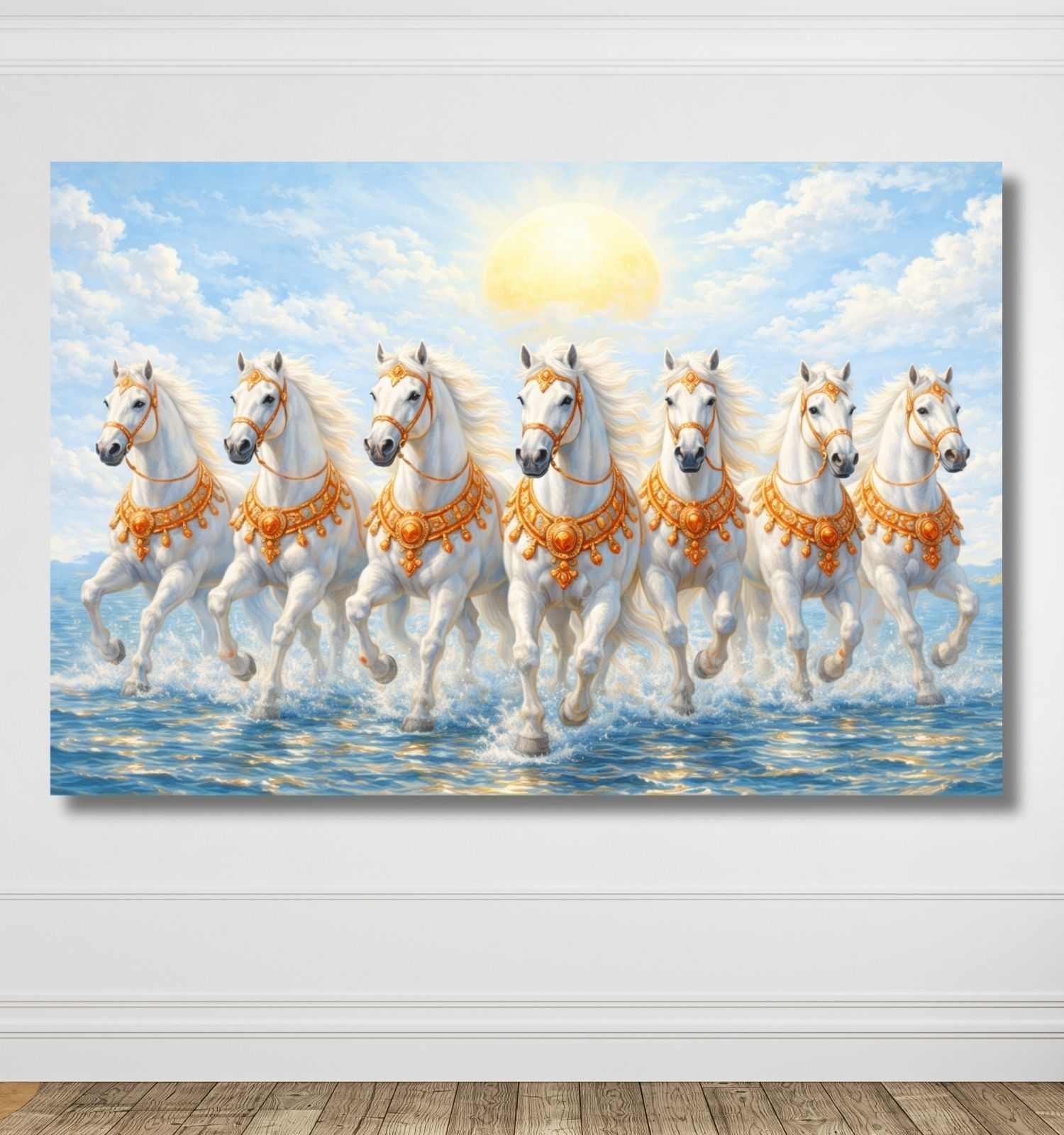 KunjCart running horse painting – Royal White 7 Running Horses Painting with Golden Harness & Shining Sun Sea Scene, 7 Horses Vastu Painting Canvas Art