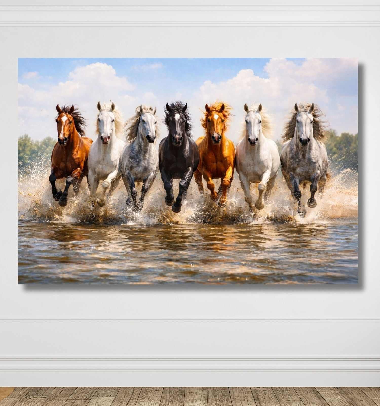 KunjCart running horse painting – 7 Running Horses Painting with Water Splash Scene, White & Brown Horses, 7 Horses Vastu Painting Canvas Wall Art