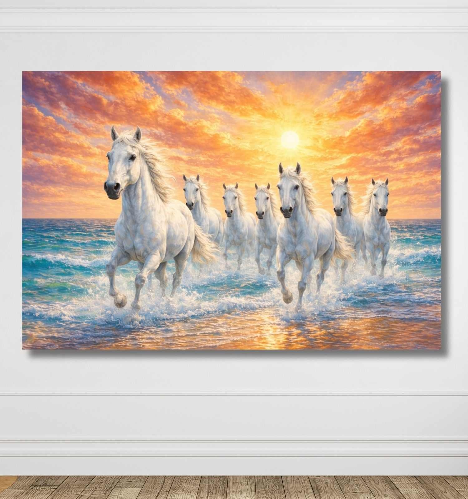 KunjCart Sunset Running Horses Painting – White 7 Running Horses Painting with Sunset Ocean Waves & Shining Sky, 7 Horses Vastu Painting Canvas Wall Art