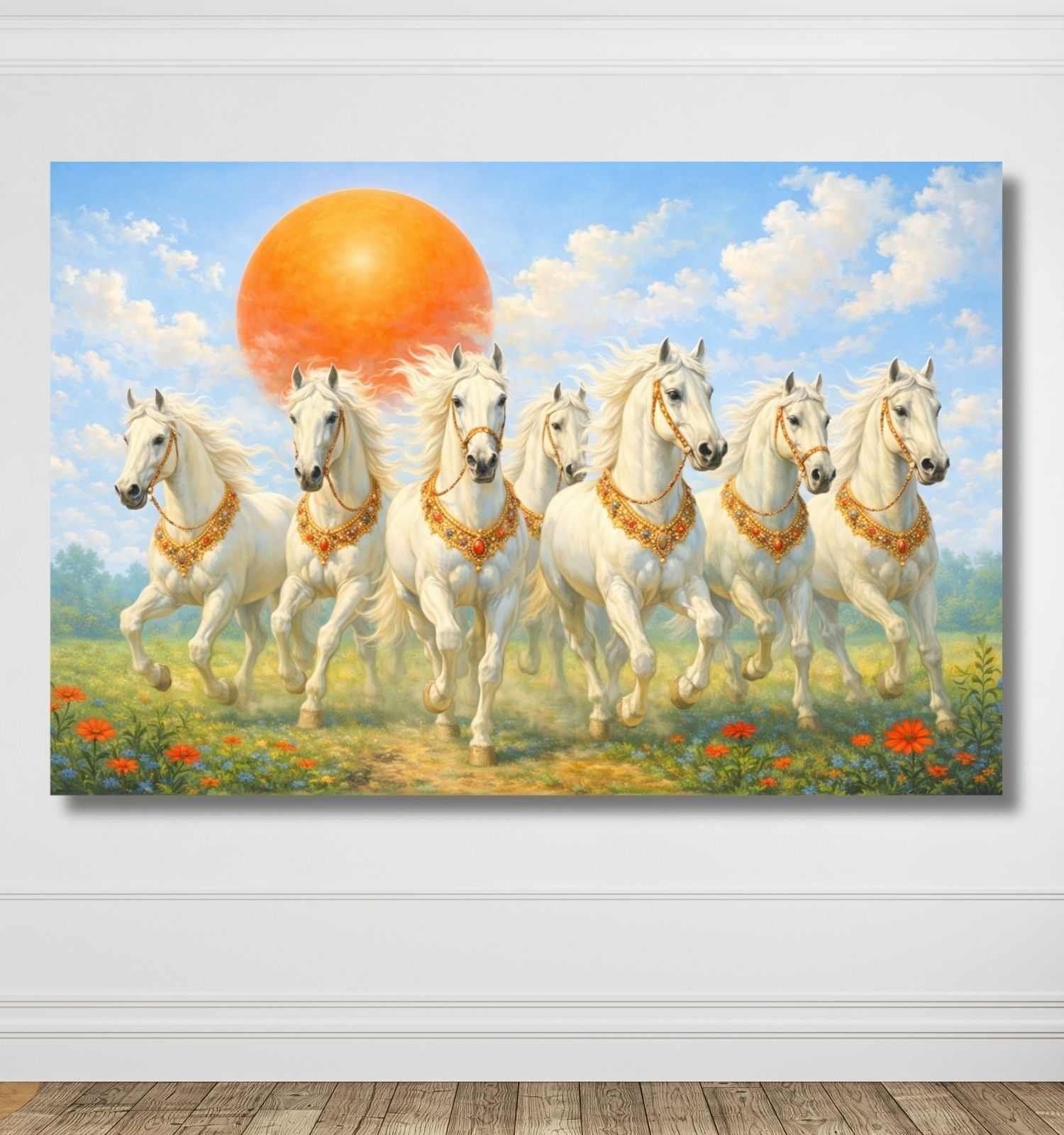 KunjCart 7 Running Horses Painting – Royal White 7 Running Horses Painting with Golden Ornaments & Bright Sunset Sky, 7 Horses Vastu Painting Canvas Art