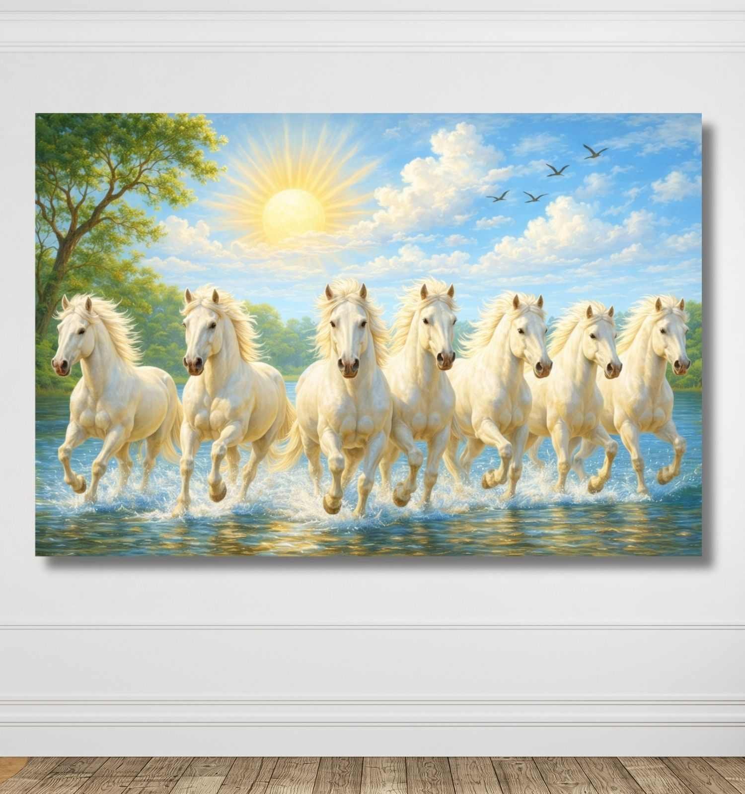 KunjCart Running Horse Painting – White 7 Running Horses Painting with Bright Sunlight Water Scene, 7 Horses Vastu Painting Canvas Wall Art