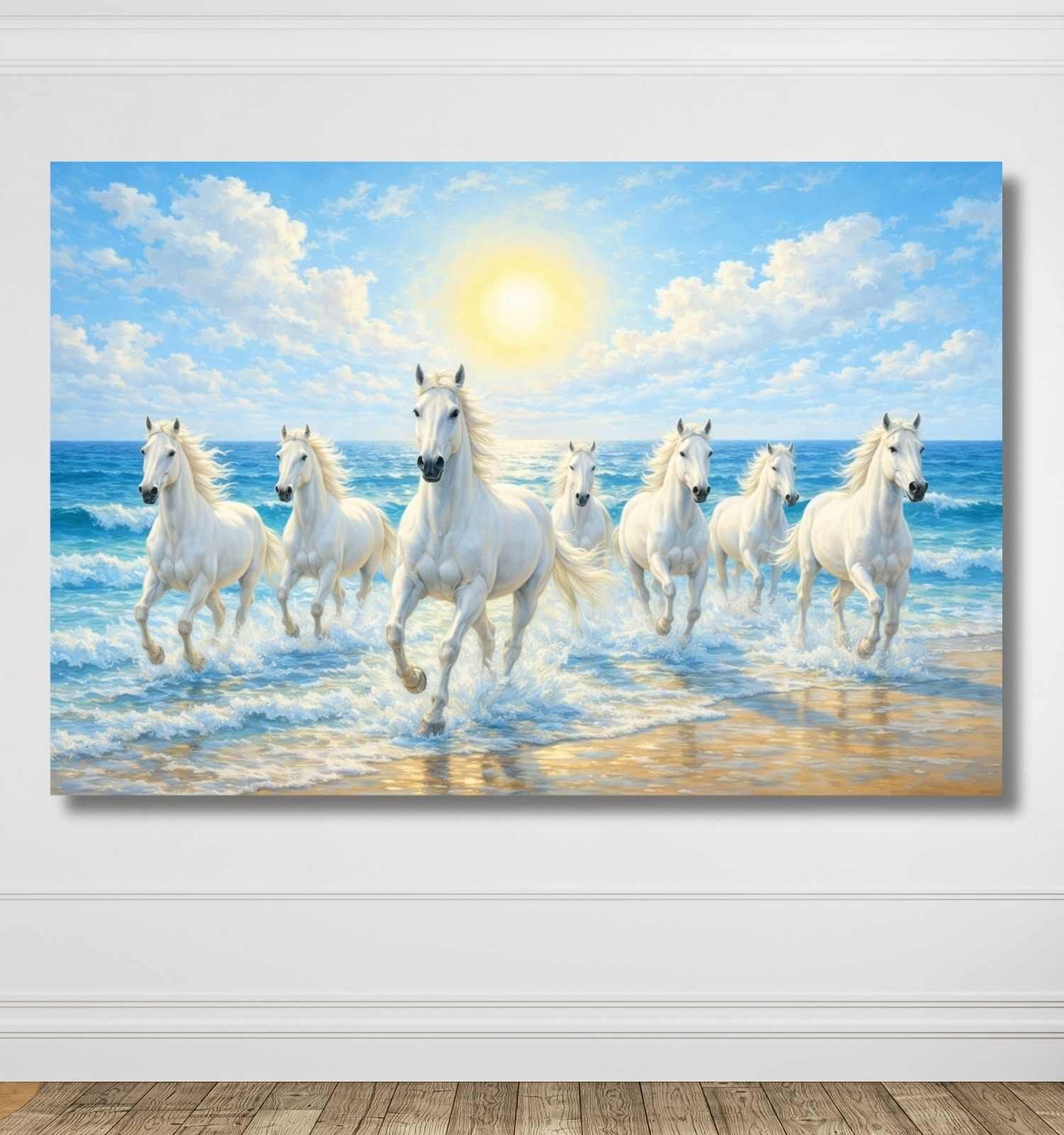 KunjCart Vastu 7 Running Horse Painting – White 7 Running Horses Painting with Ocean Waves & Shining Sun Scene, 7 Horses Vastu Painting Canvas Wall Art