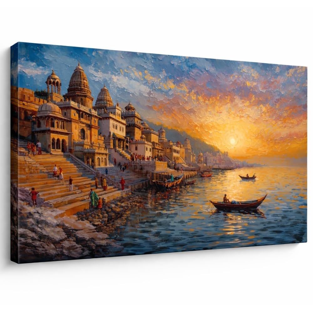KUNJ CART Spiritual Varanasi Ghat Painting on Canvas ( FRAMED & UNFRAMED OPTIONS ) | Artistic Abstract Oil Painting Banaras Scene with Boats | Kashi Vishwanath Ghat Spiritual Hindu God Wall Art | Ganga Arti River Traditional Art for Living Room
